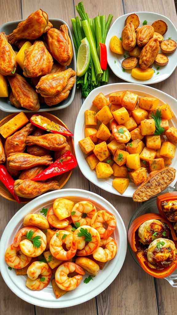 A variety of air fryer recipes including chicken wings, roasted vegetables, shrimp, and stuffed peppers on a wooden table.